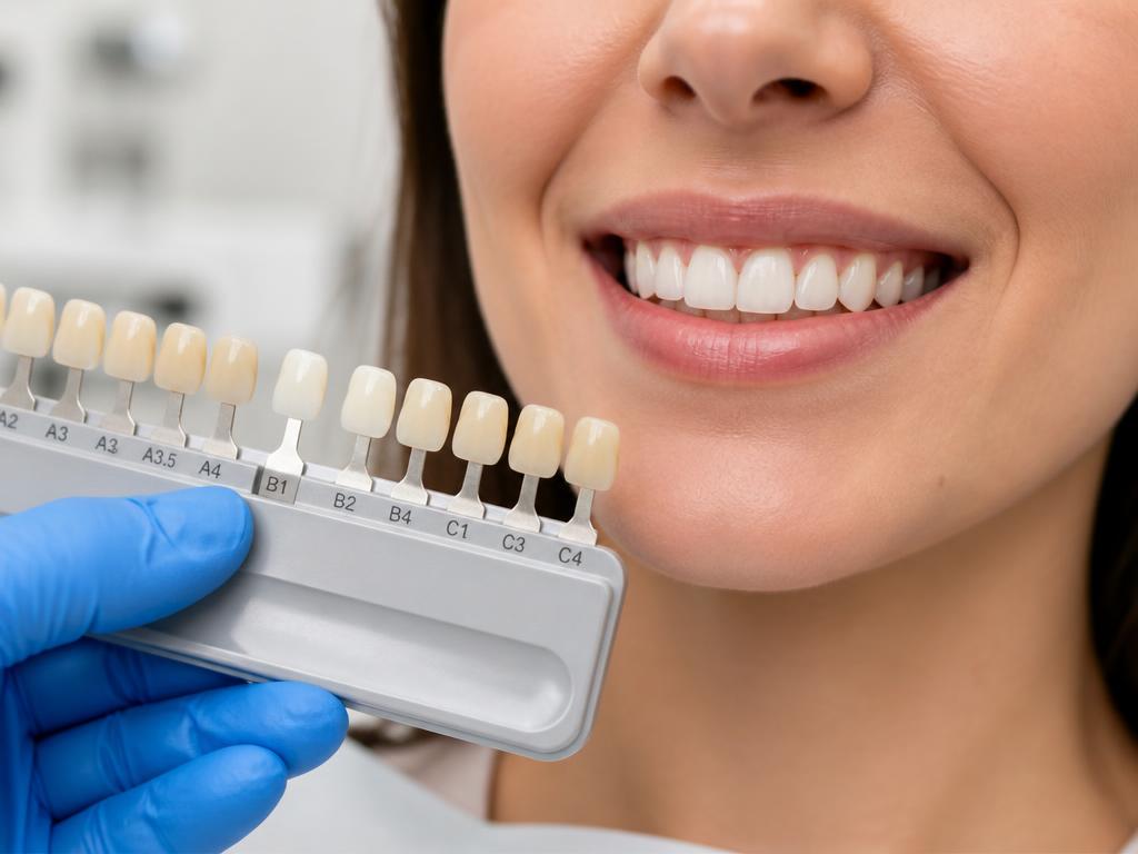 A dentist matching a tooth shade guide to a patient’s smile before composite bonding