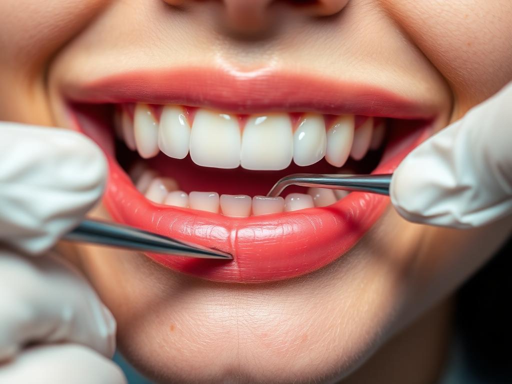 A dentist examining the gum line around the upper front teeth
