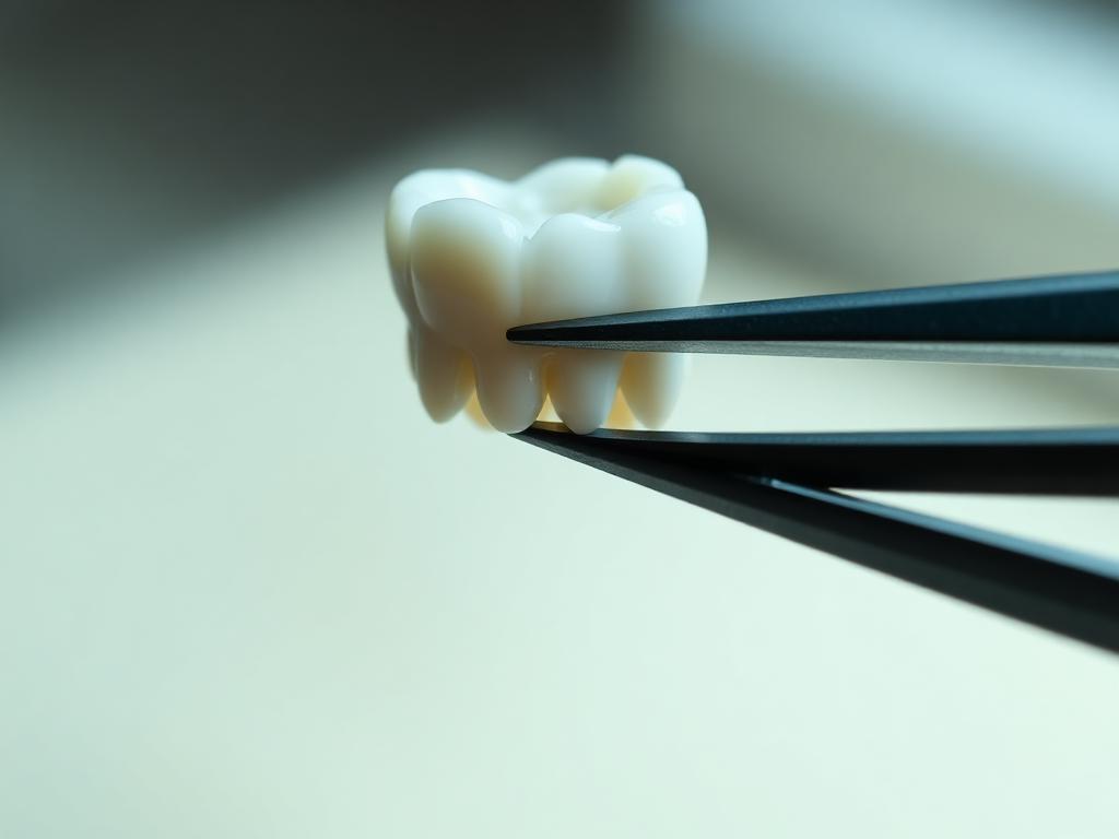 A single all-ceramic dental crown held in tweezers