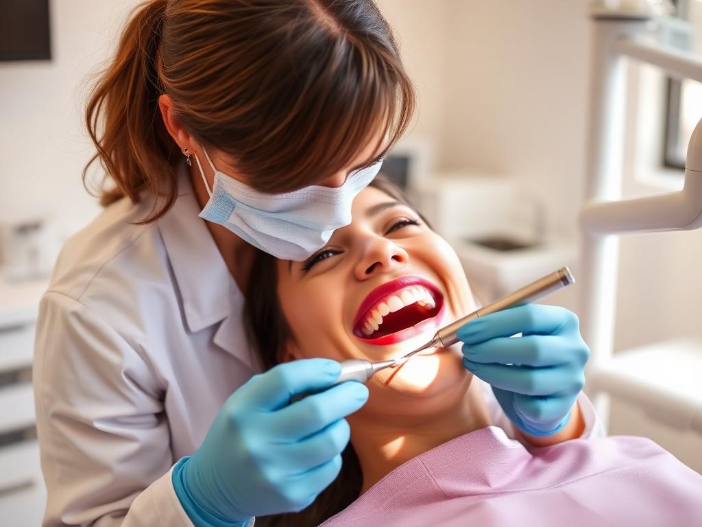 A hygienist cleaning a patient’s teeth with an ultrasonic scaler