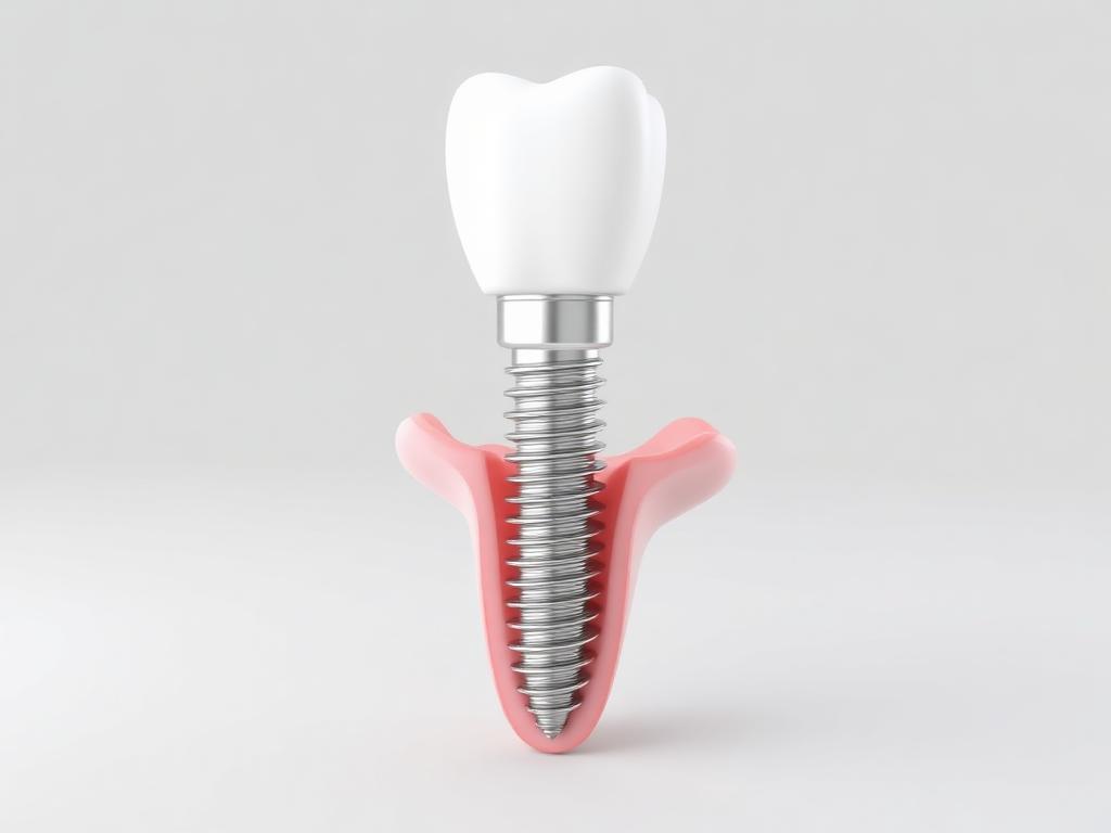 Cross-section of a titanium dental implant, abutment and ceramic crown in the jaw bone