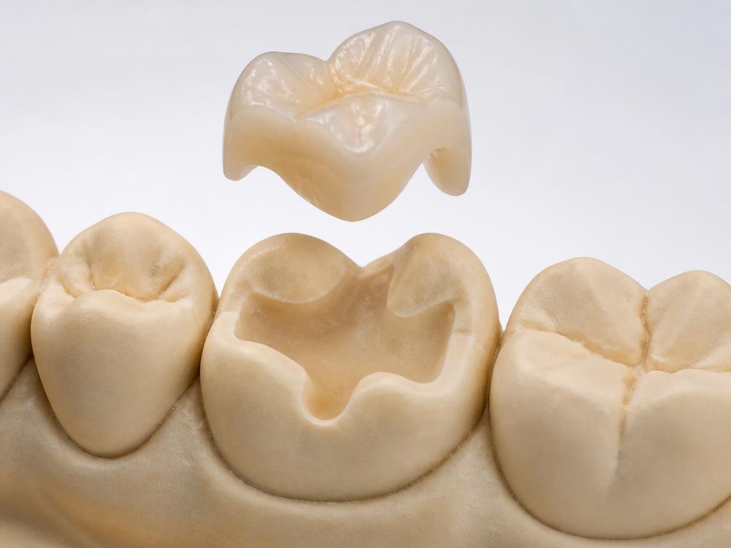 A porcelain onlay positioned above the prepared chewing surface of a molar