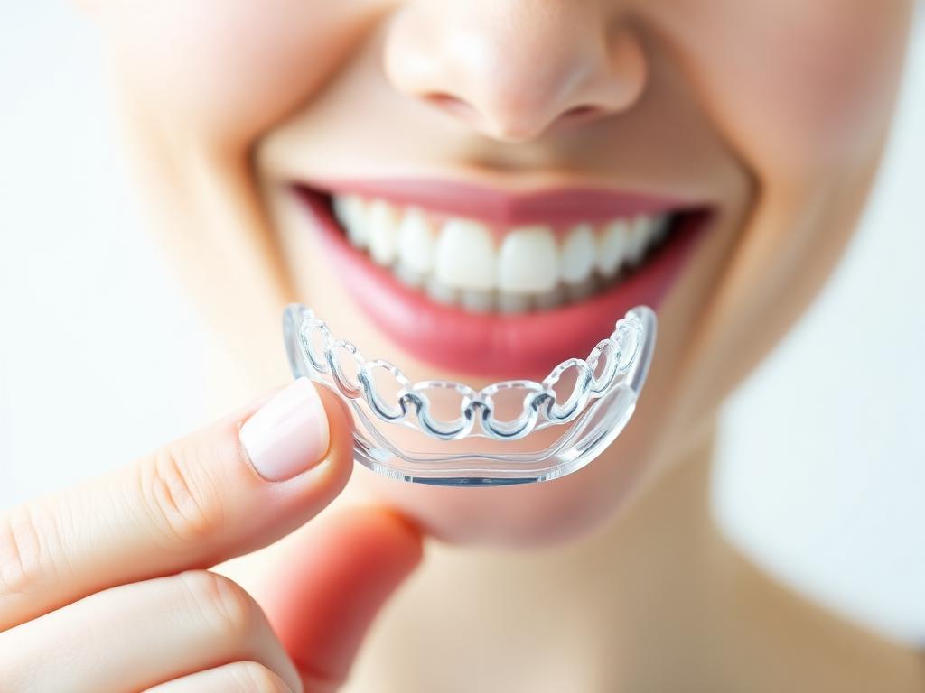A patient holding a clear removable orthodontic aligner in front of their smile