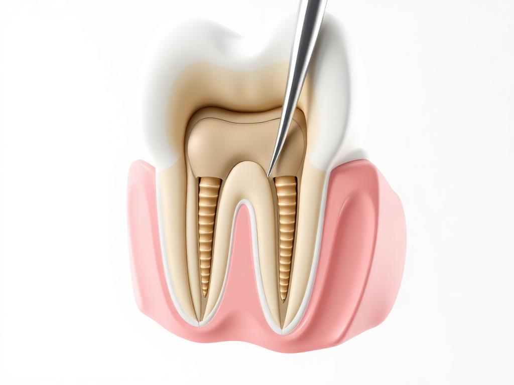 Cross-section of a molar during root canal treatment showing the cleaned canals