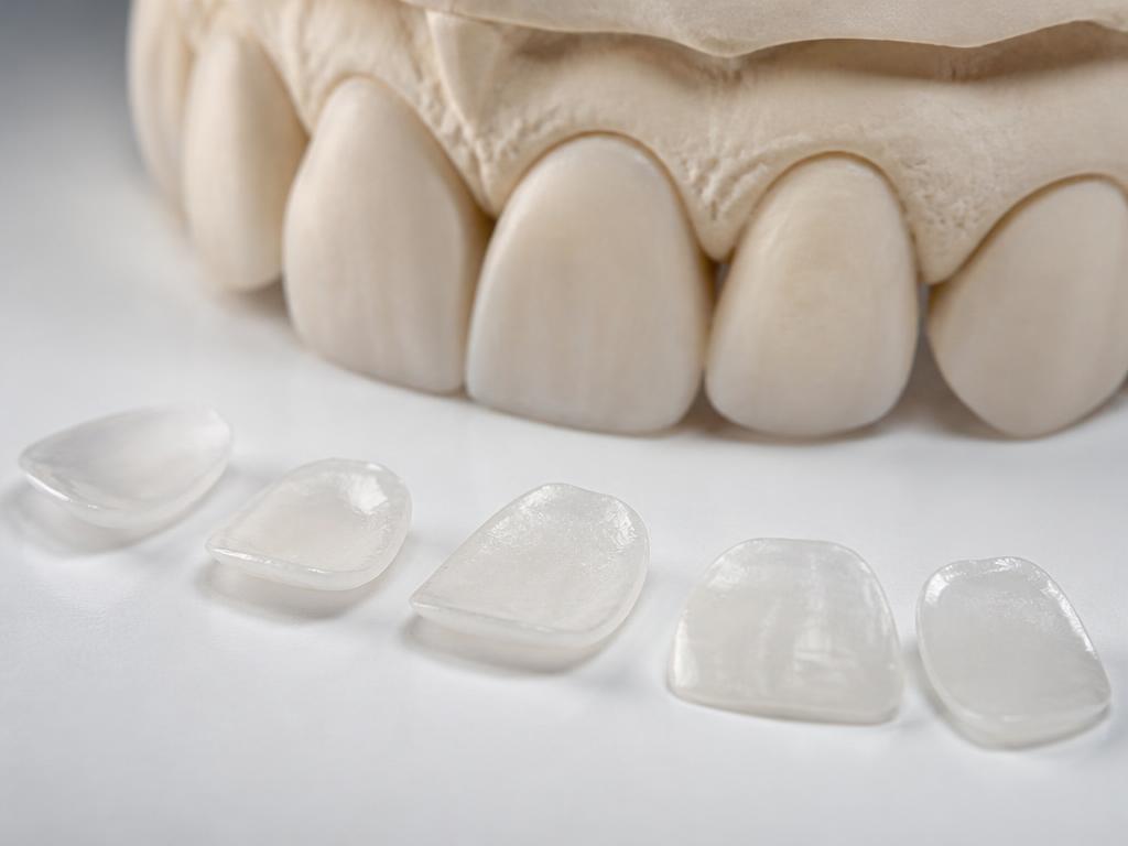 Ultra-thin porcelain veneer shells beside a model of upper front teeth
